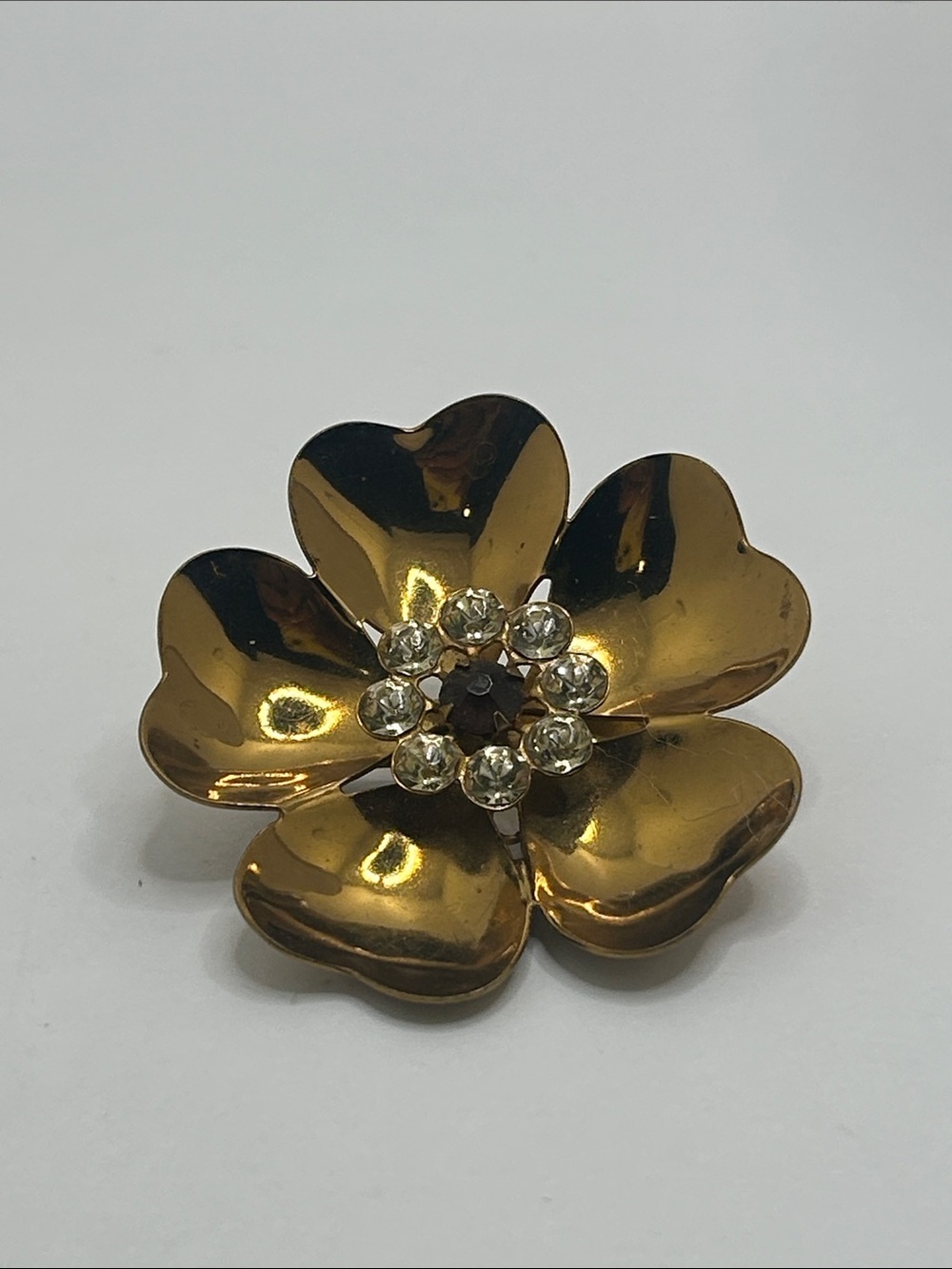 Vintage Gold Flower Brooch with Clear Rhinestone Center